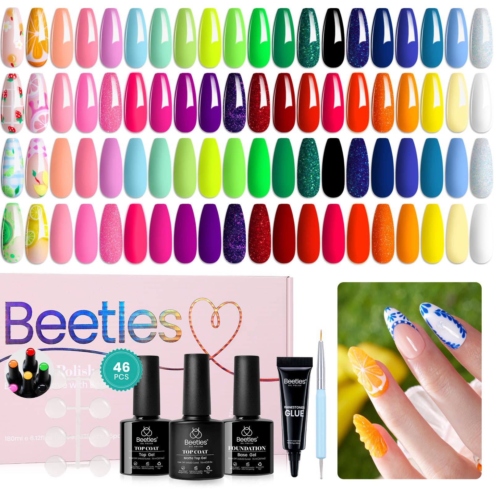 Beetles set de esmaltes gel 36 colores arcoíris neón para uñas vibrantes.