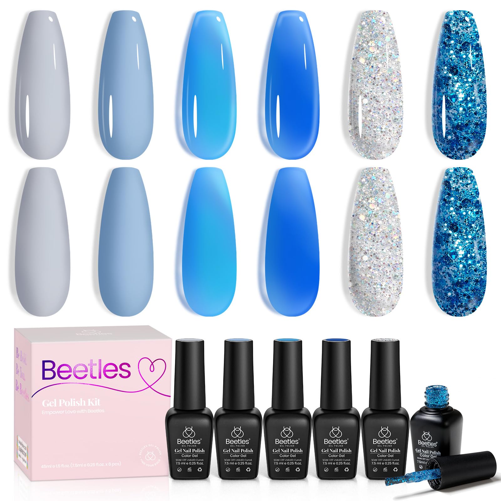 Beetles Gel Polishing Azul, kit de 6 tonos translúcidos para uñas elegantes