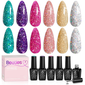 Beetles Glitter Gel Polish Kit con seis colores brillantes para uñas llamativas.
