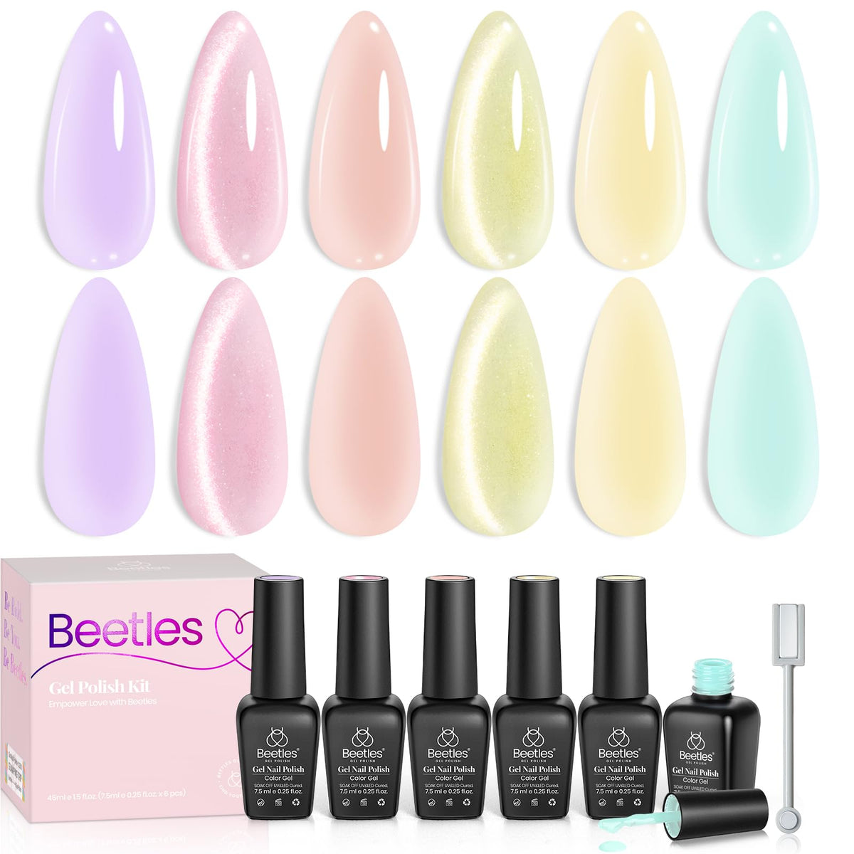 Beetles Jelly Gel Set muestra seis colores pastel para uñas brillantes