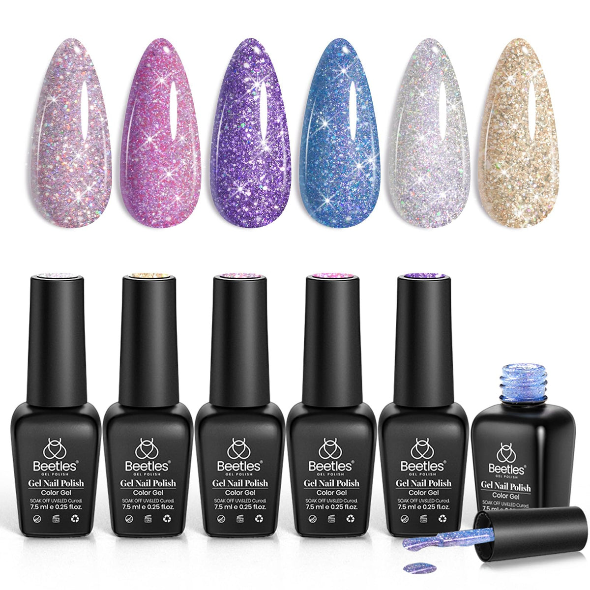 Beetles kit esmaltes gel destellos, seis colores para un acabado brillante.