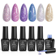 Beetles kit esmaltes gel destellos, seis colores para un acabado brillante.