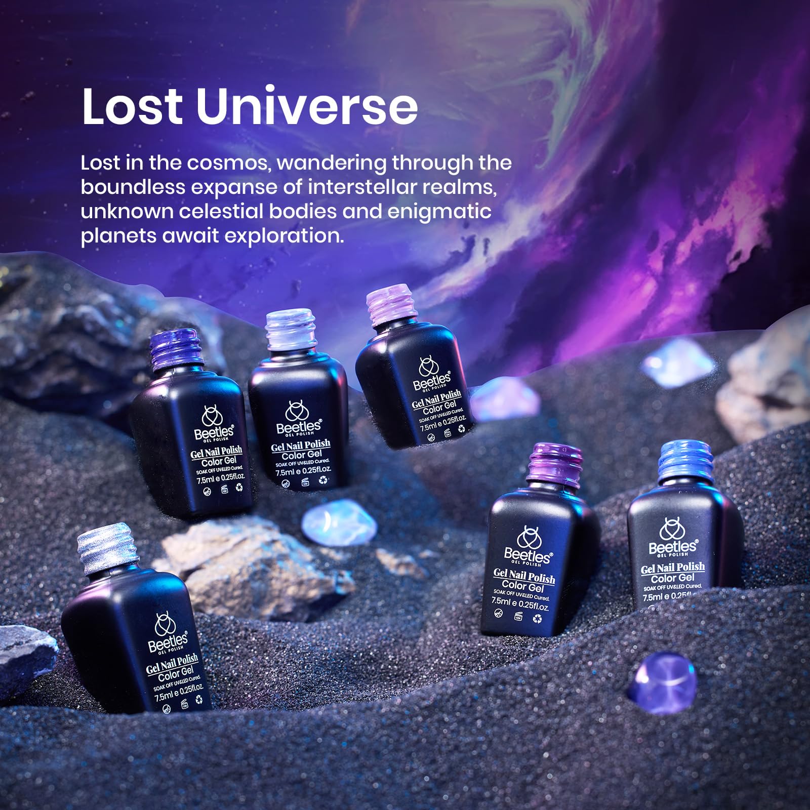 Beetles Lost Universe: botellas moradas y azules para un look elegante