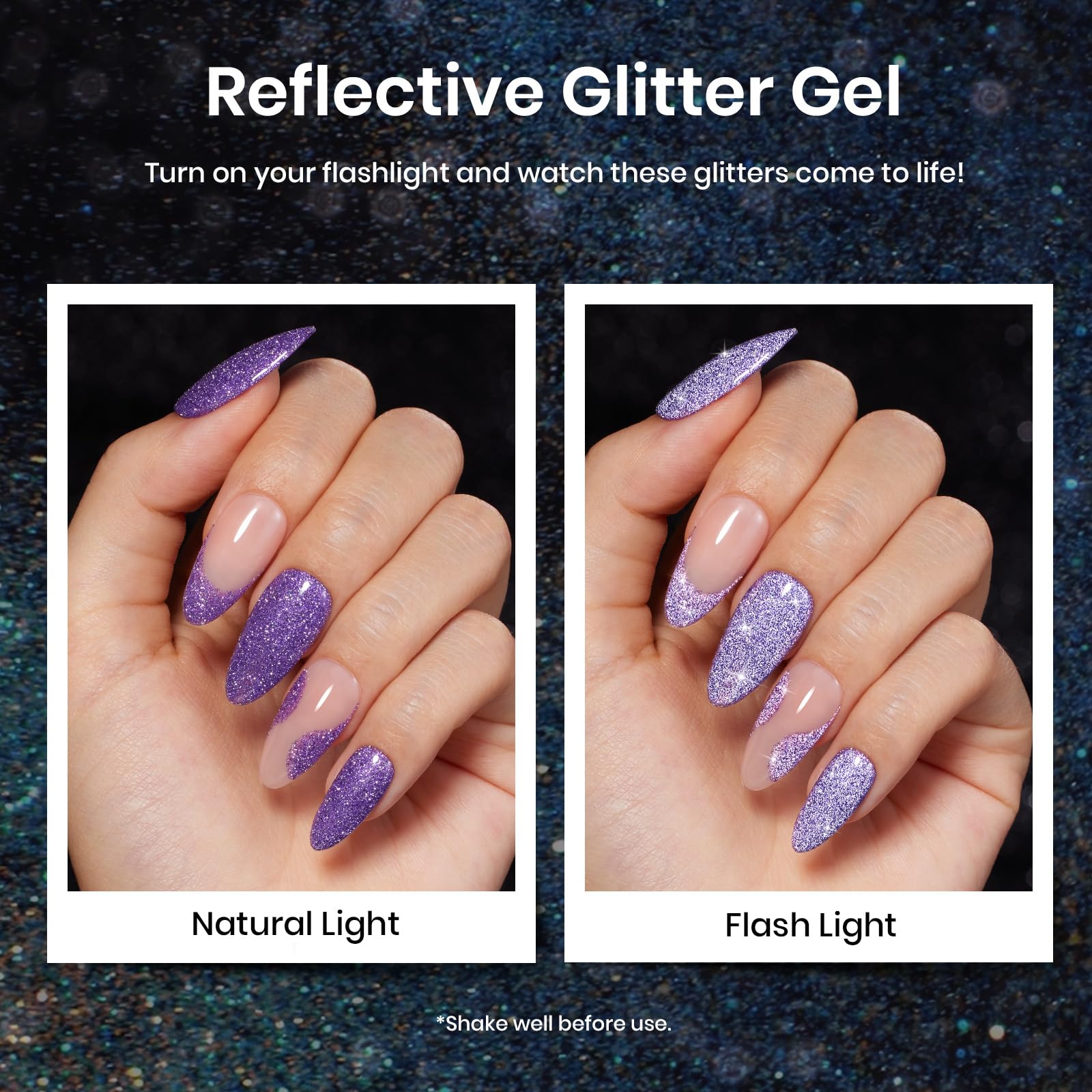 Beetles muestras uñas destellos holográficos para manicura rápida.