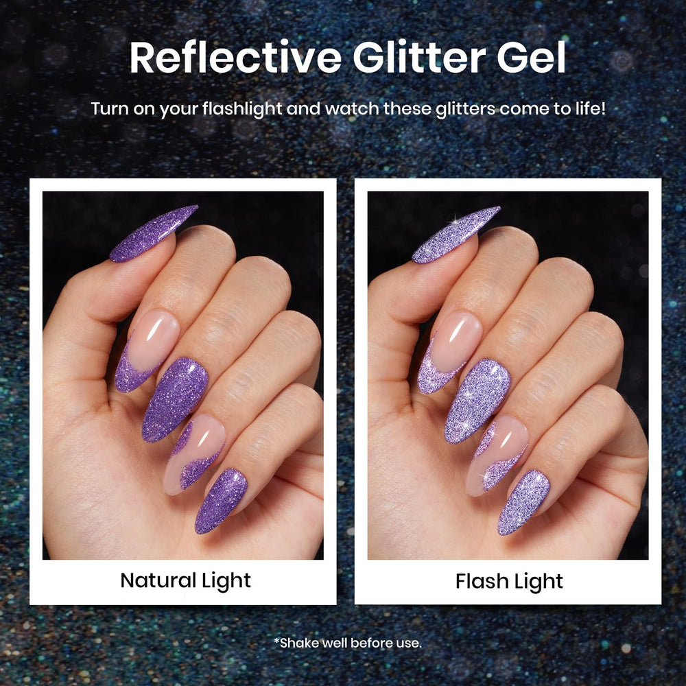 Beetles muestras uñas destellos holográficos para manicura rápida.