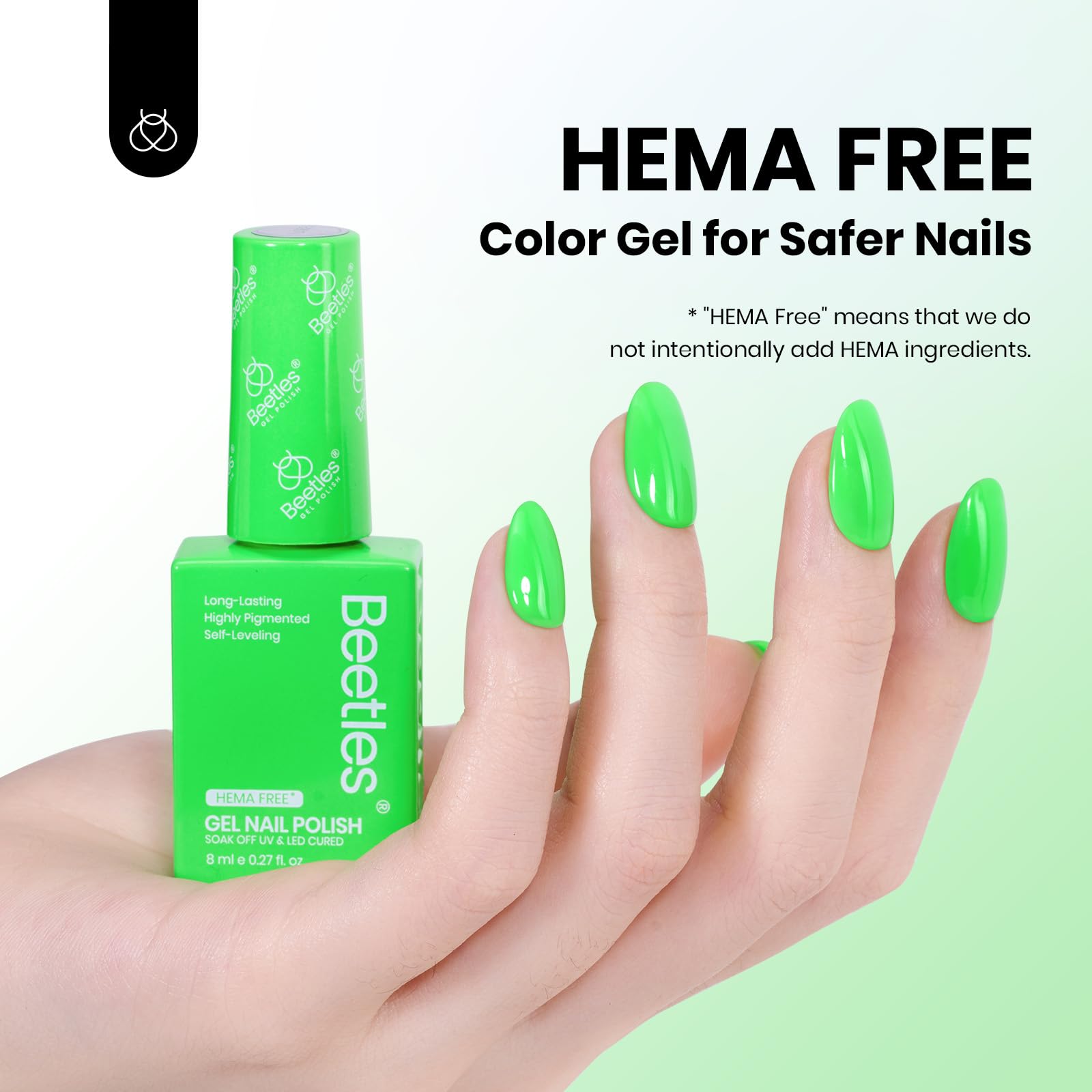 Beetles Neon Verde Gel Esmalte, aplicación suave para un acabado uniforme en uñas.
