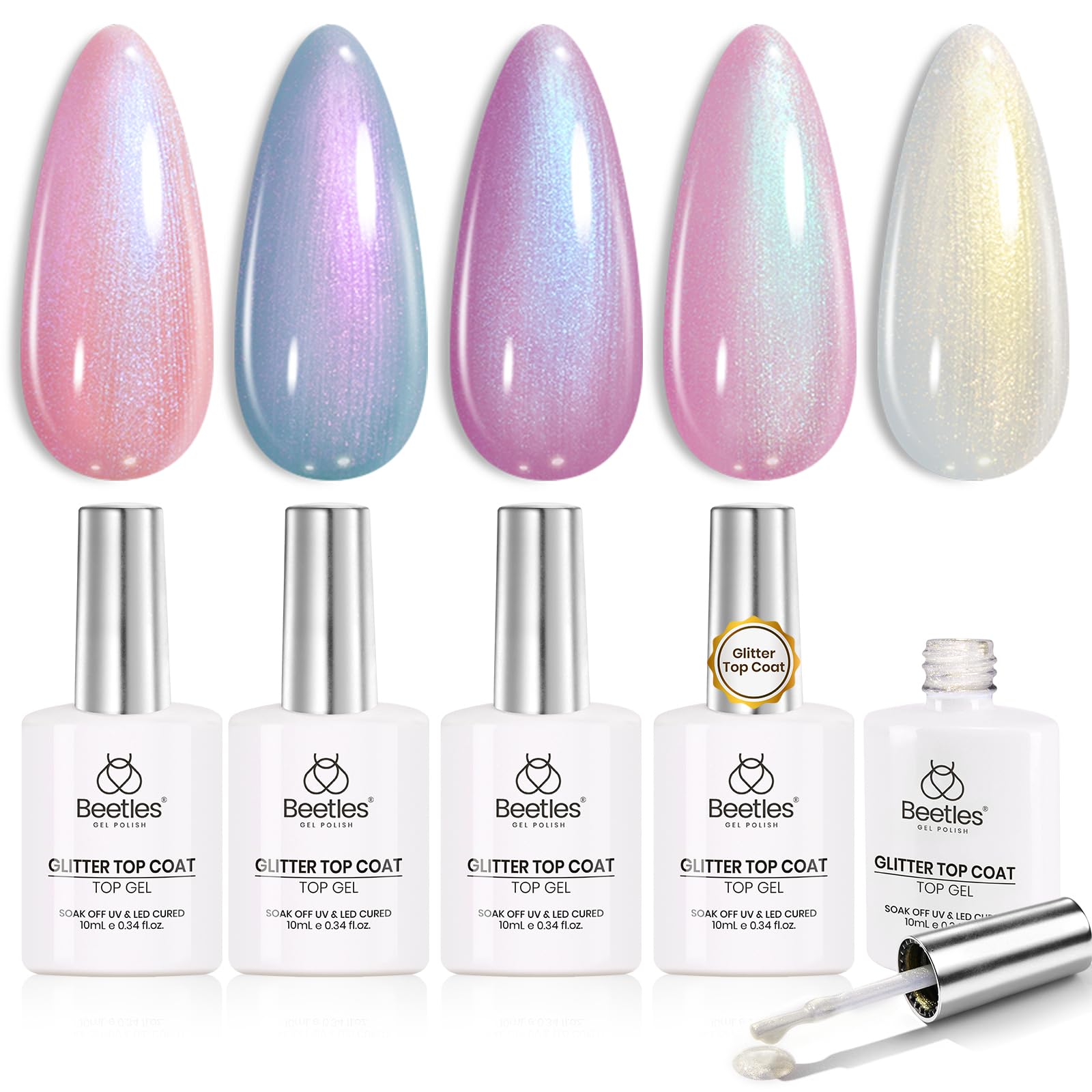 Beetles Pearl Glitter Top Coat Set en exhibición, brillo iridiscente para uñas.