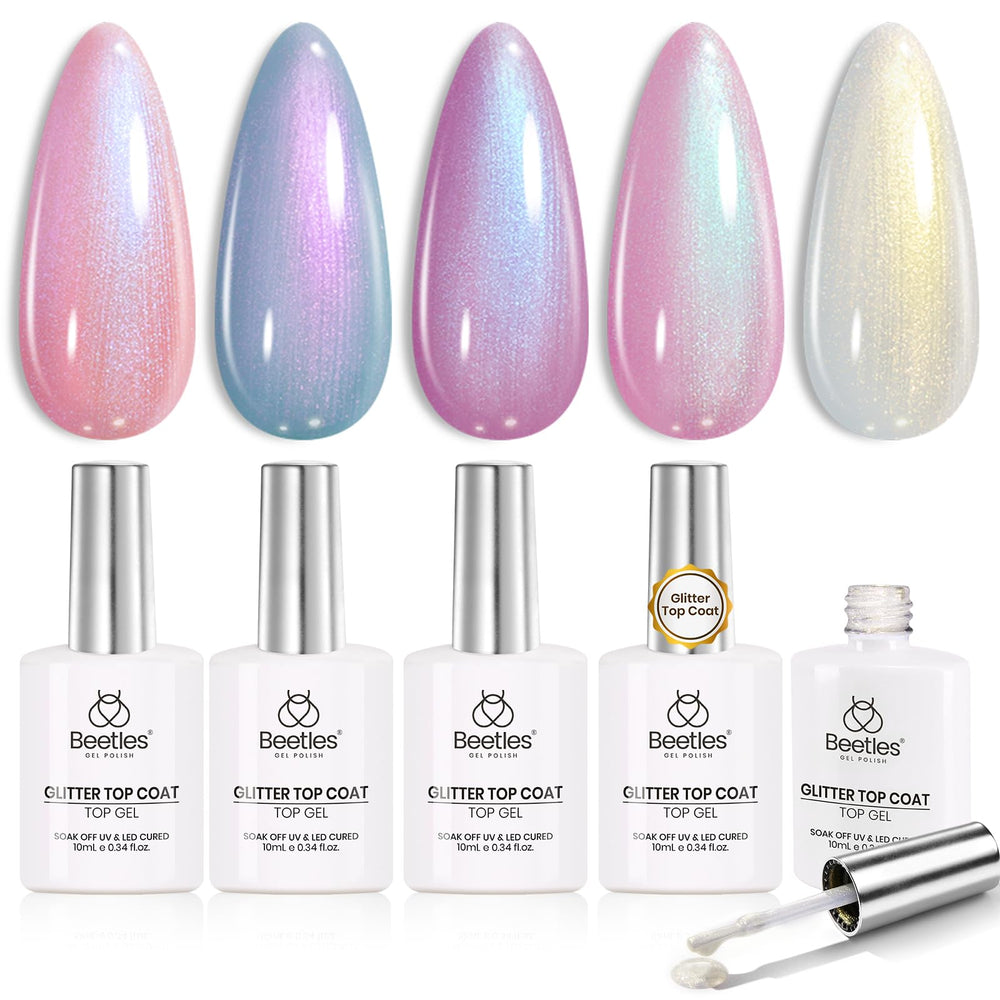 Beetles Pearl Glitter Top Coat Set en exhibición, brillo iridiscente para uñas.