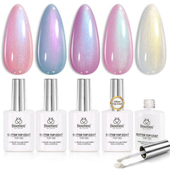 Beetles Pearl Glitter Top Coat Set en exhibición, brillo iridiscente para uñas.