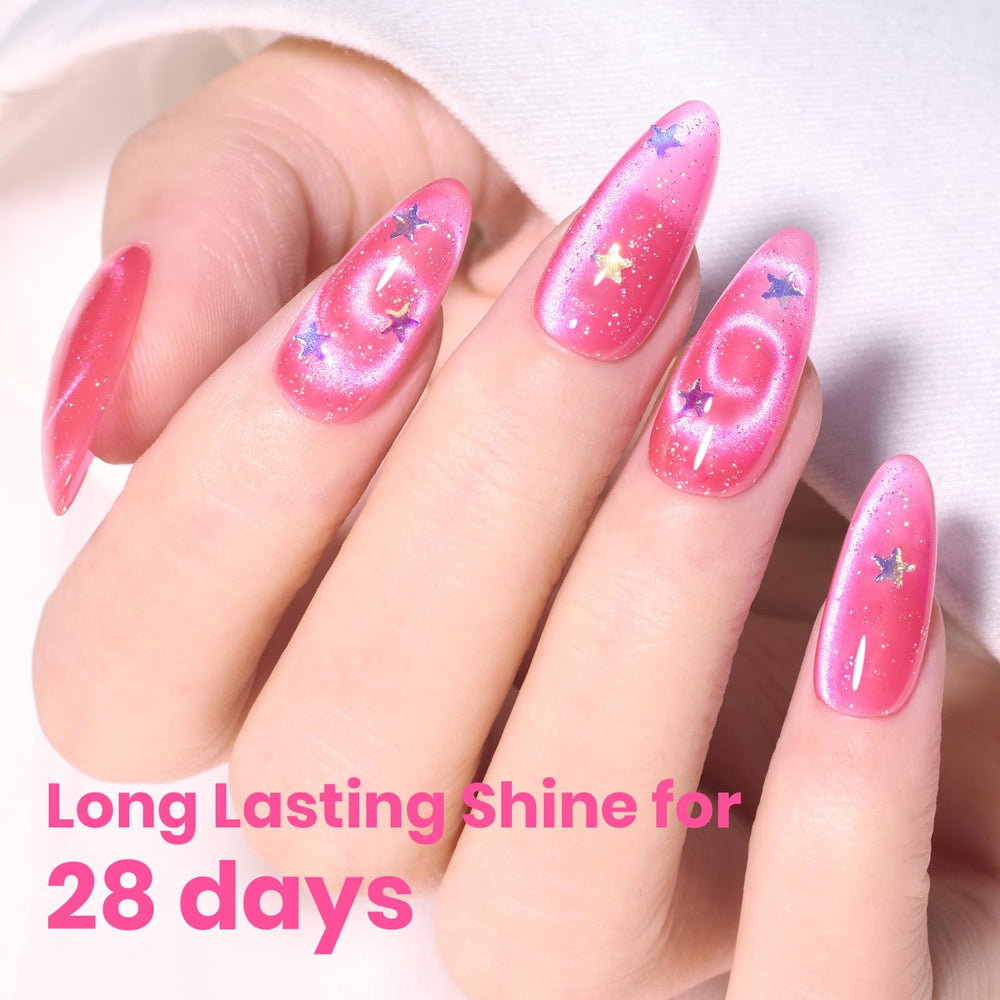 Beetles Pitaya Glow Rosa Ojo de Gato, muestra efecto ojo de gato en uñas.