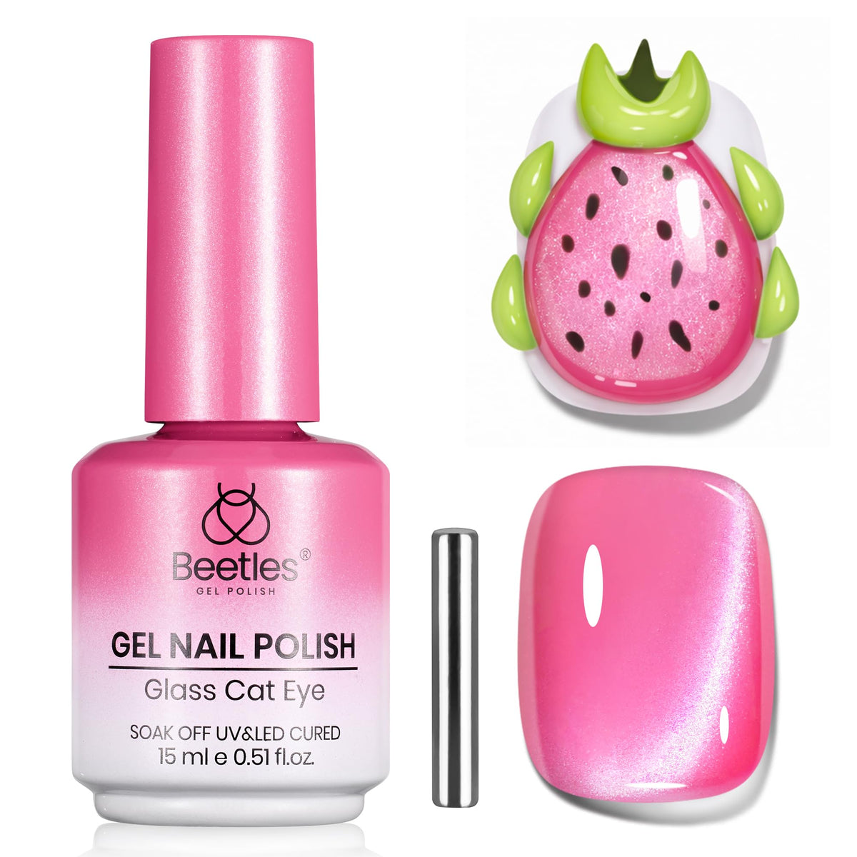 Beetles Pitaya Glow Rosa Ojo de Gato, frasco muestra brillo translúcido y magneto.