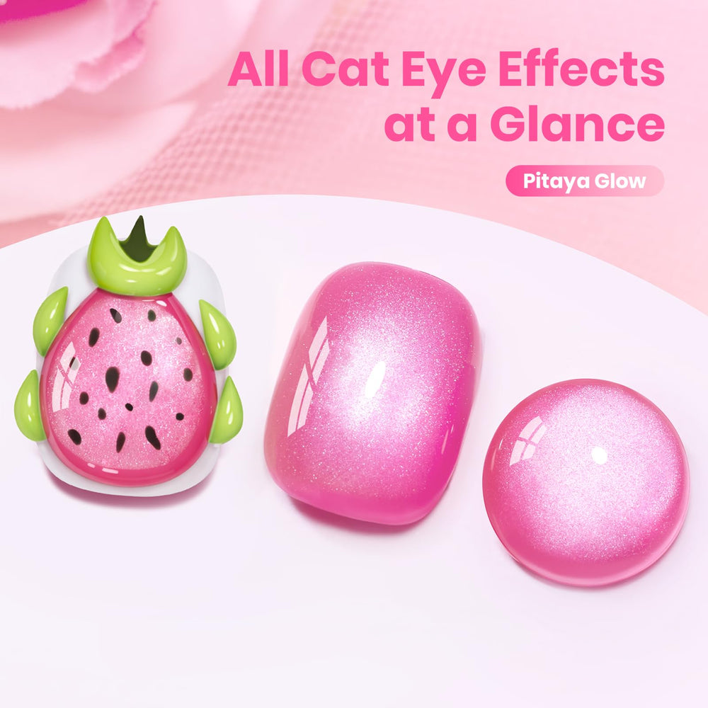 Beetles Pitaya Glow Rosa Ojo de Gato, muestra uñas con efecto ojo de gato para uso casero.