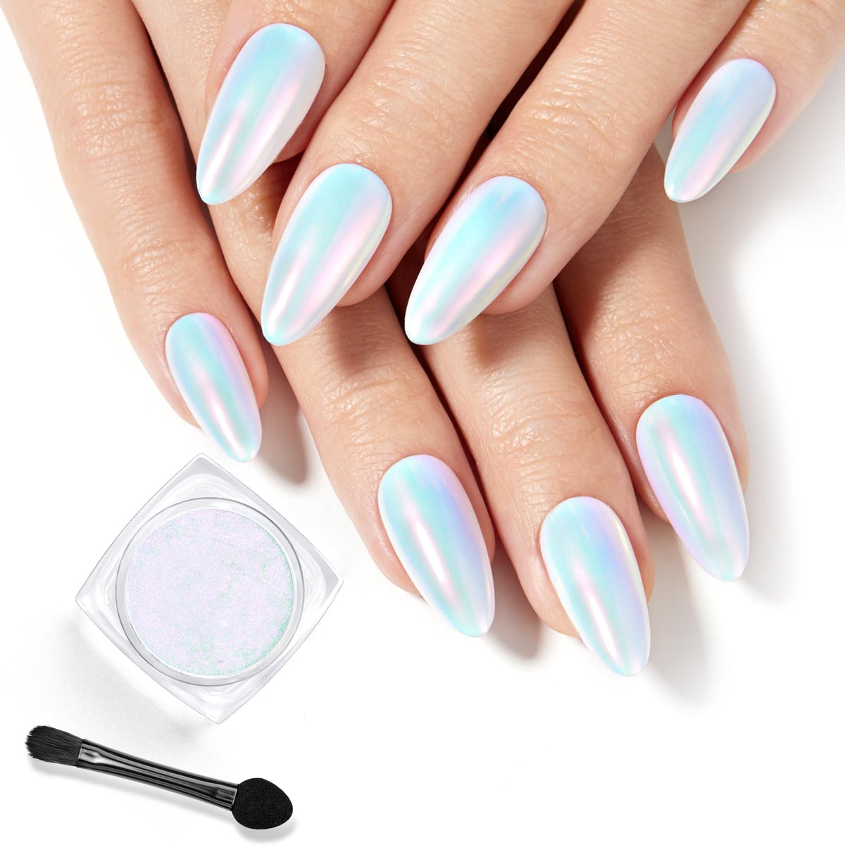 Beetles polvo cromo aurora espejado en uñas de gel para brillo intenso.