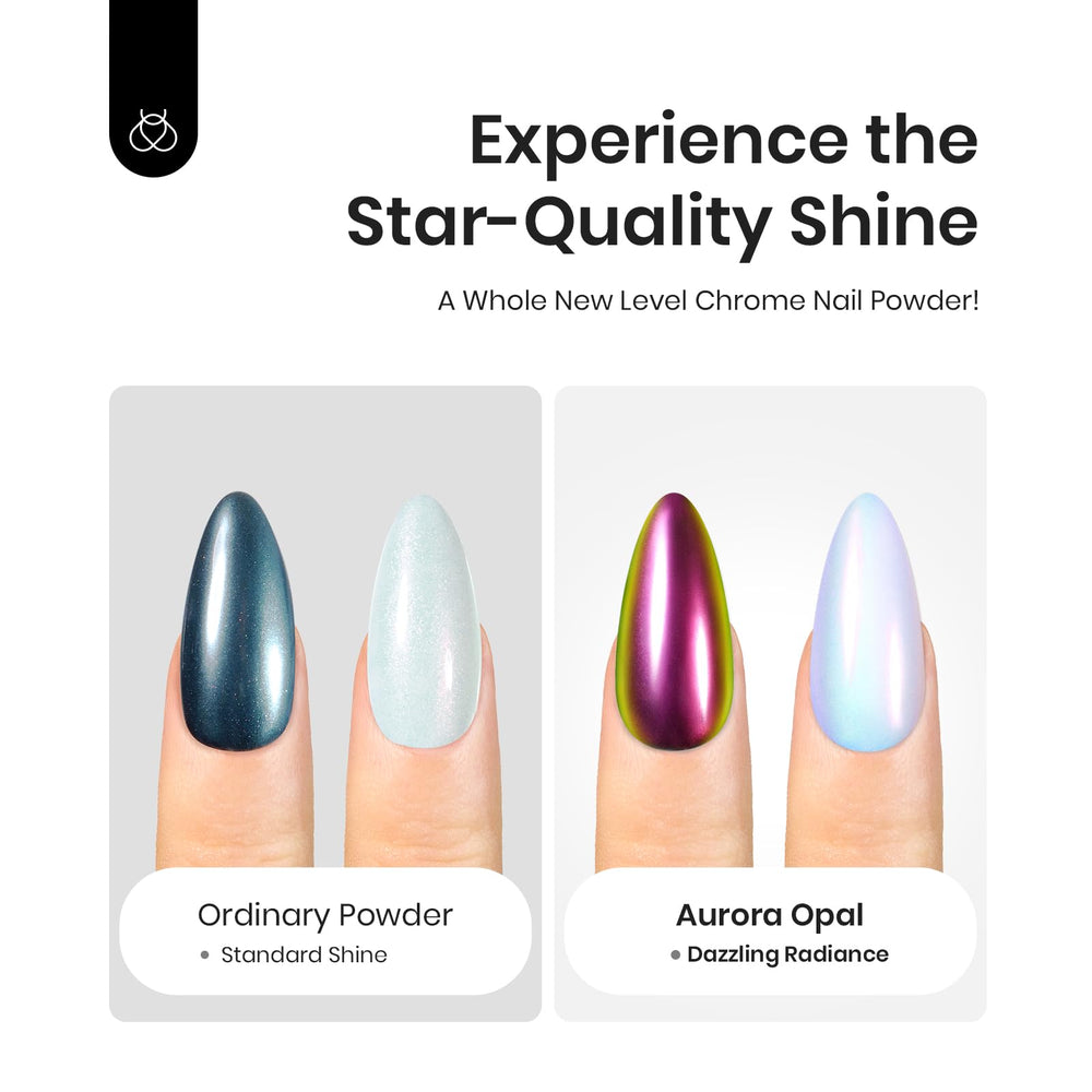 Beetles polvo cromo aurora iridiscente con efecto holográfico en uñas.