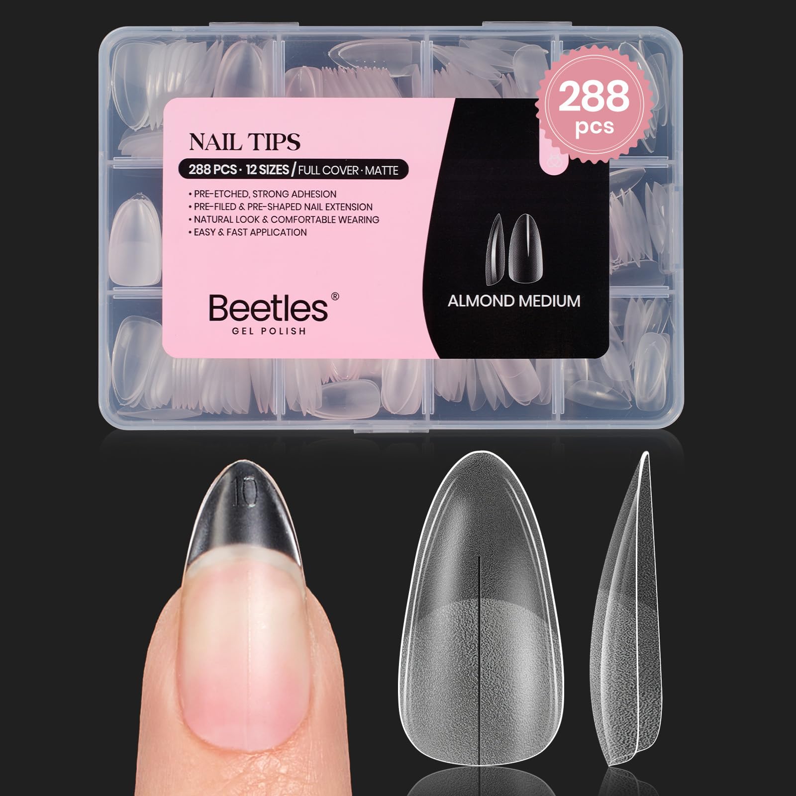 Beetles Gel Polish: puntas de gel en almendra mate para ajuste rápido.