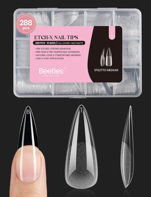 Beetles Puntas de Uñas Gel Etch-X estileto mediano en caja, lista para uso profesional y autoaplicación.