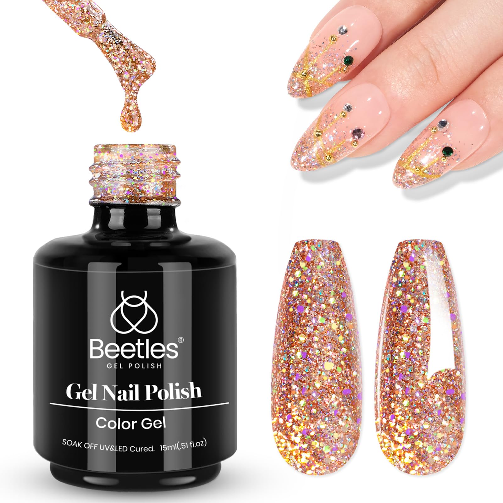 Beetles Rosa Dorado Reflectante: botella de 15 ml para uñas con acabado deslumbrante.