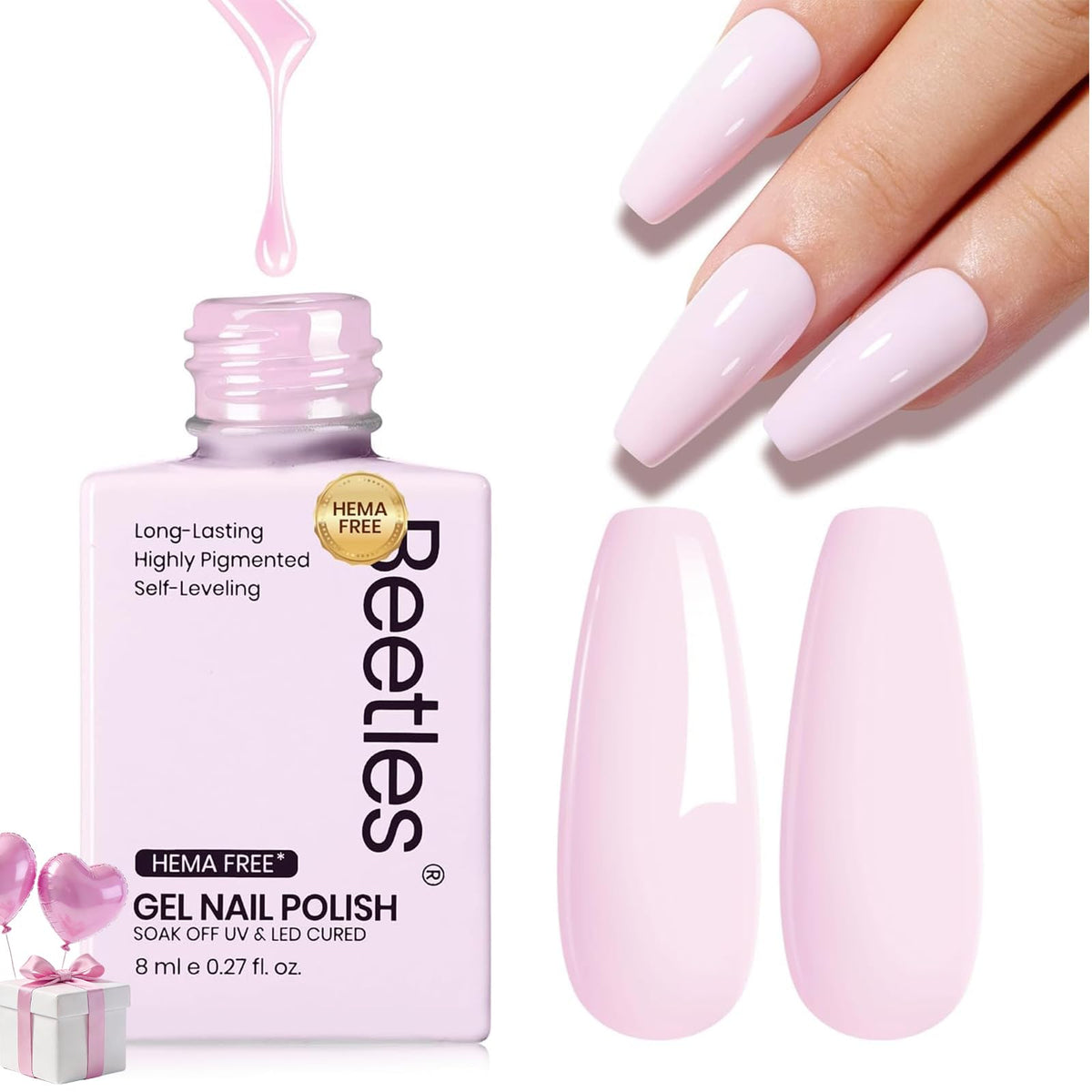 Beetles gel rosa, botella a la vista para elegir tono suave.