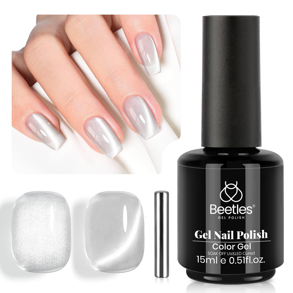 Beetles Silver Cat Eye Gel Polish con imán para crear efecto ojo de gato.