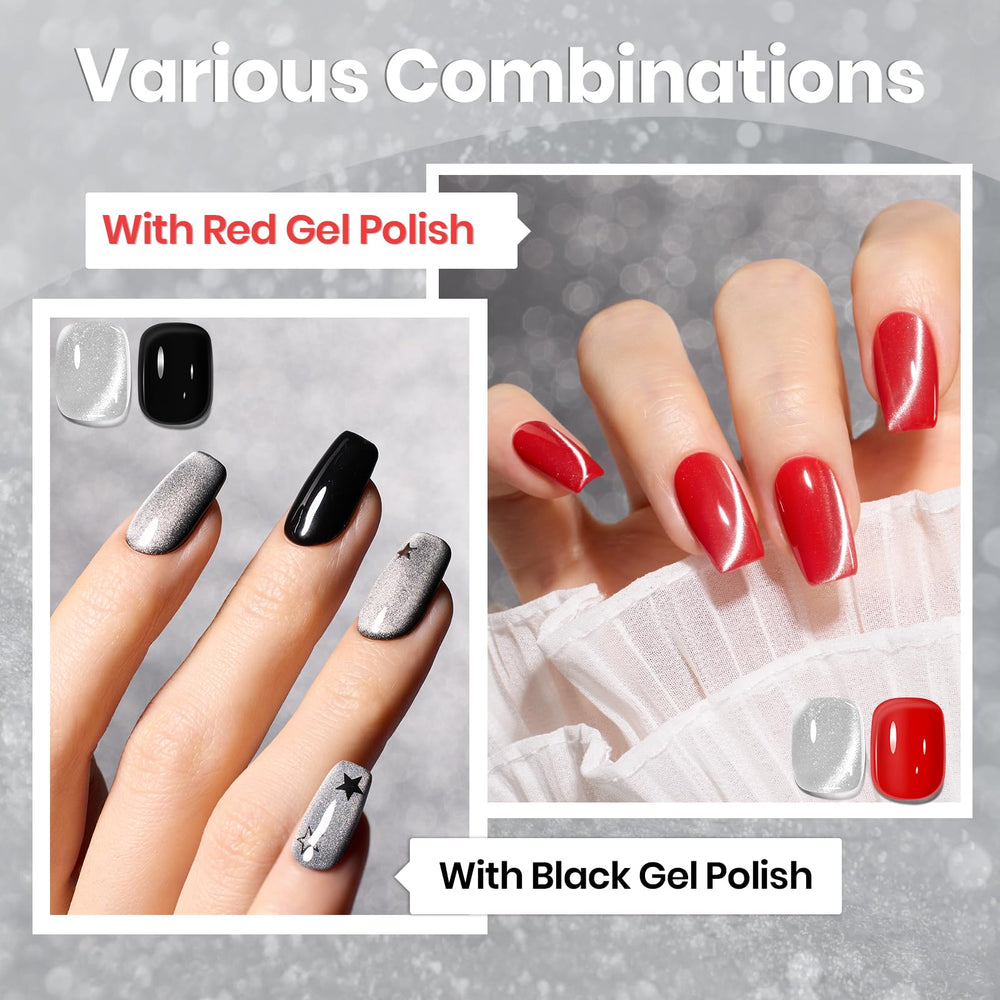 Beetles Gel Polish con reflejos plateados en diferentes iluminaciones.