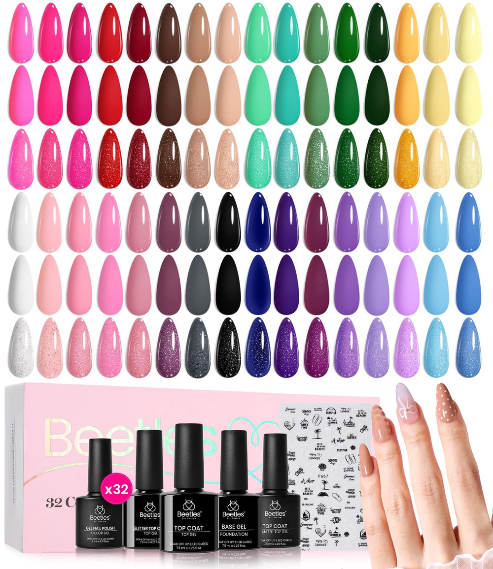 Beetles Gel Polish Set: 32 colores en botella púrpura, para un look llamativo.