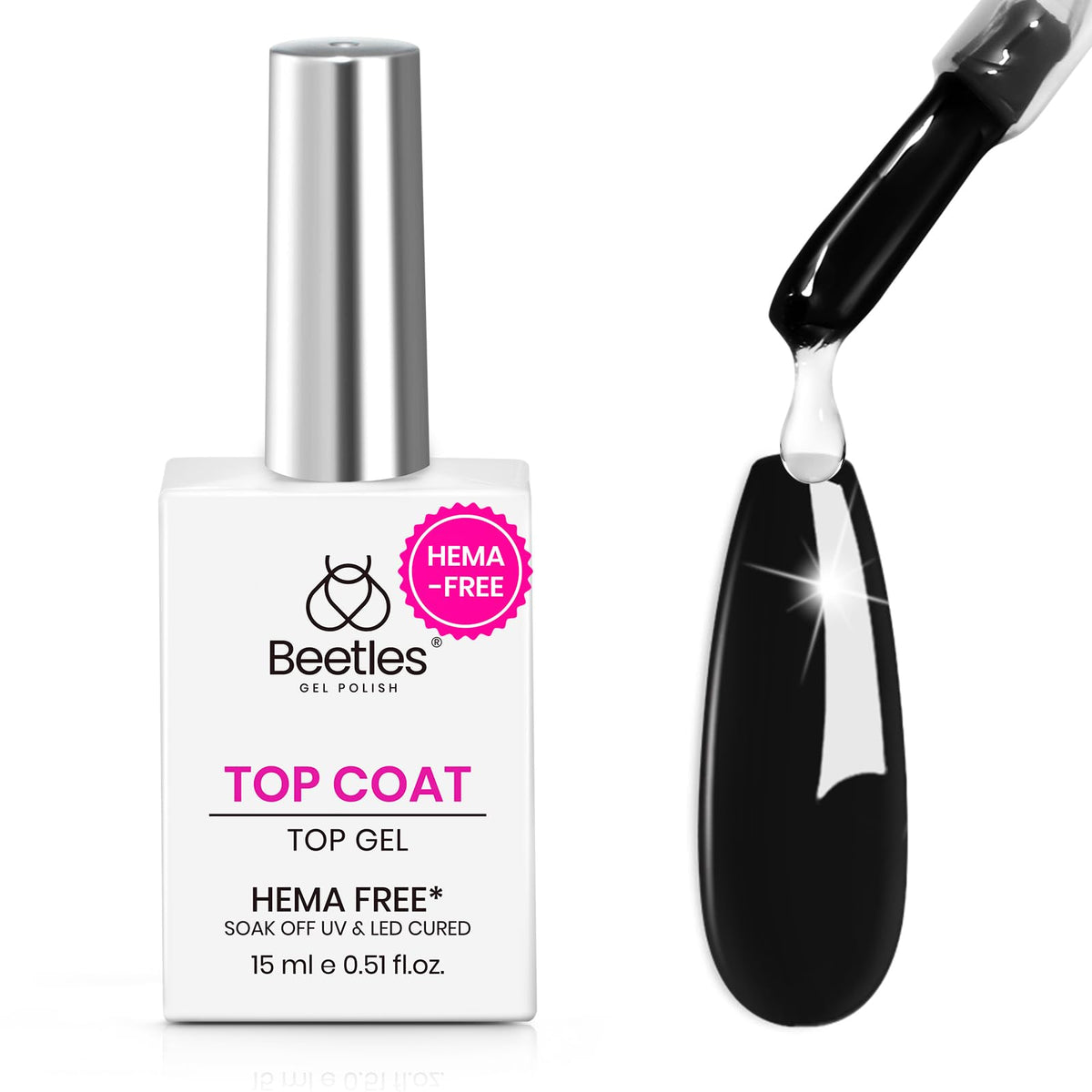 Beetles Top Coat Gel sin HEMA 15 ml: brillo duradero para uñas.