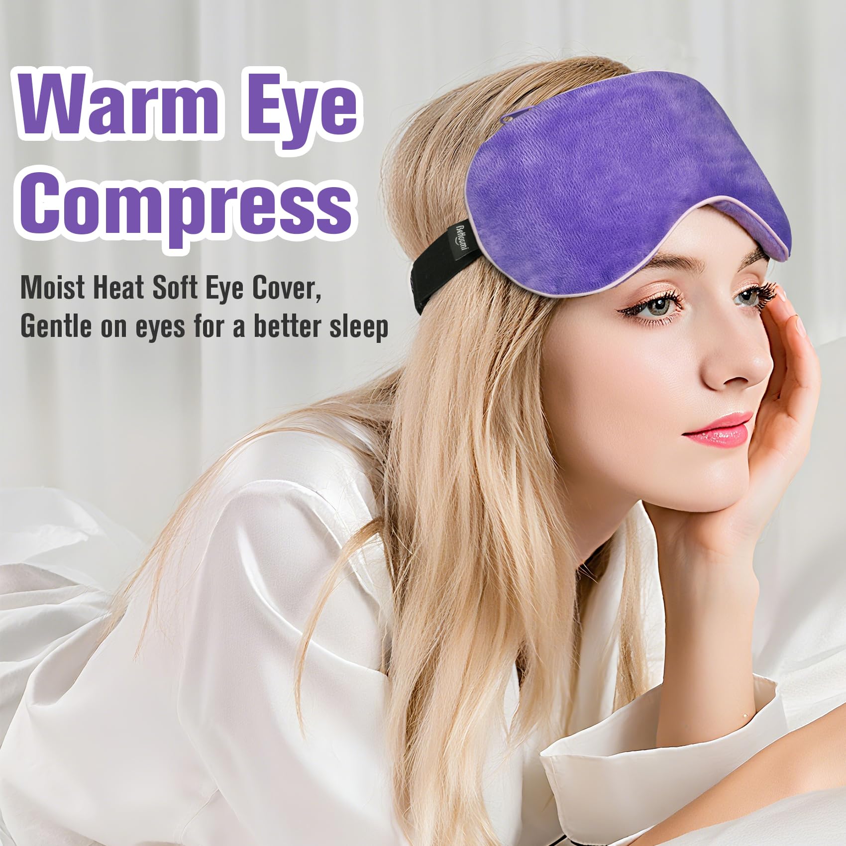 BeHoomi mascarilla ojos con bolas microesferas, calor uniforme y humedad suave.