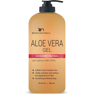 Being Naturals gel aloe vera en botella, hidratación suave para rostro y cuerpo.