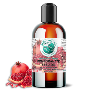 Bella Terra Oils muestra el aceite de semilla de granada en botella, ideal para hidratación de la piel.