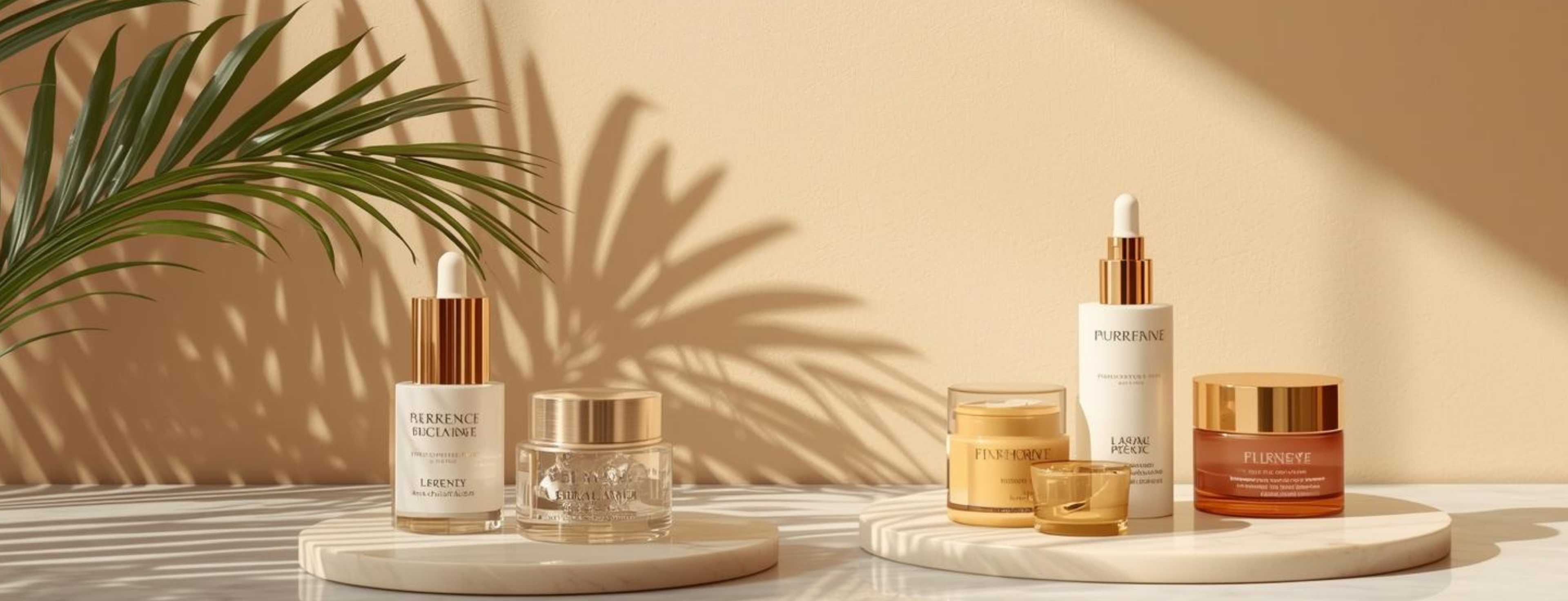 premium skincare products arranged on marble surface in luxury beauty studio banner