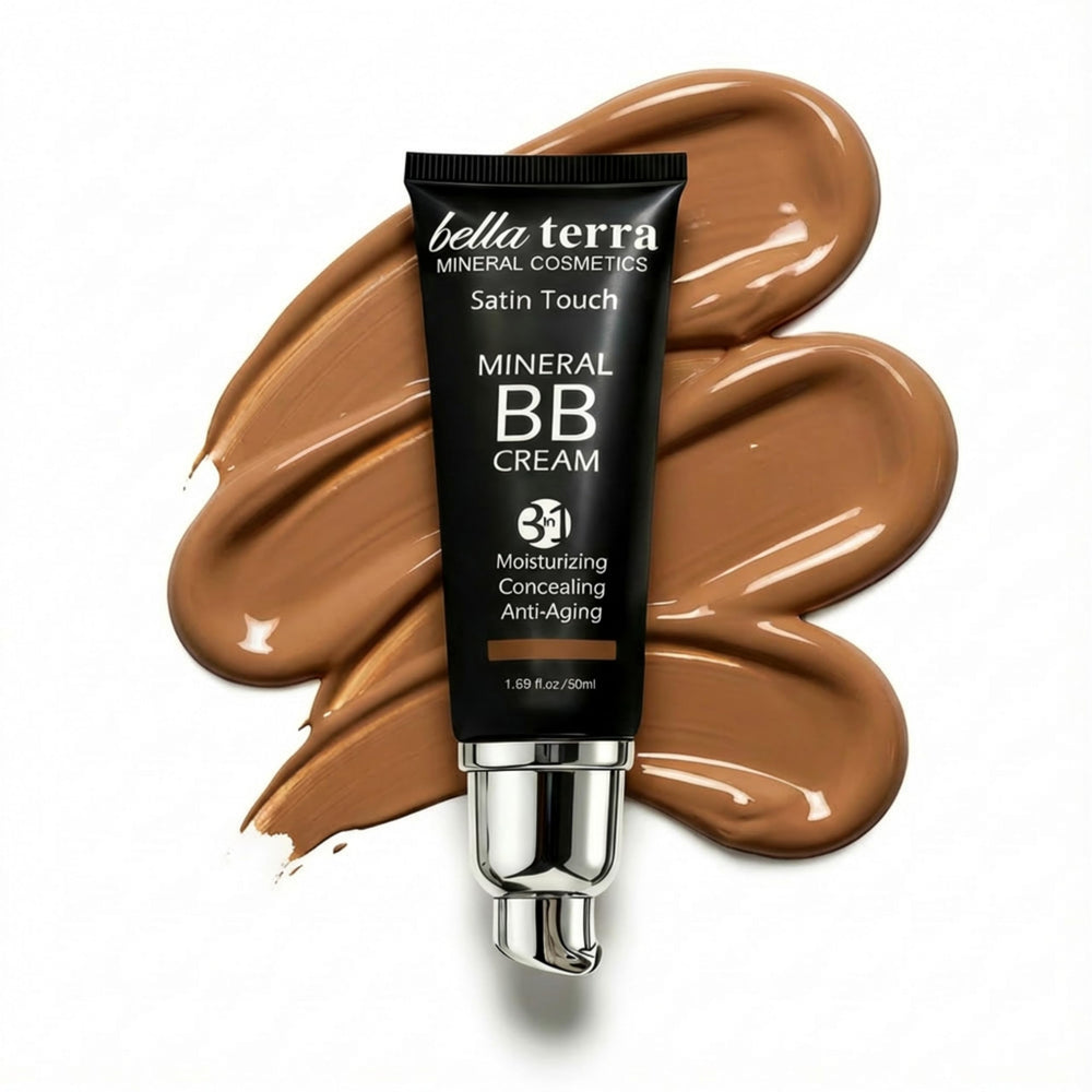Bellaterra Cosmetics BB Cream envase, tono medio 105, acabado ligero para piel natural.