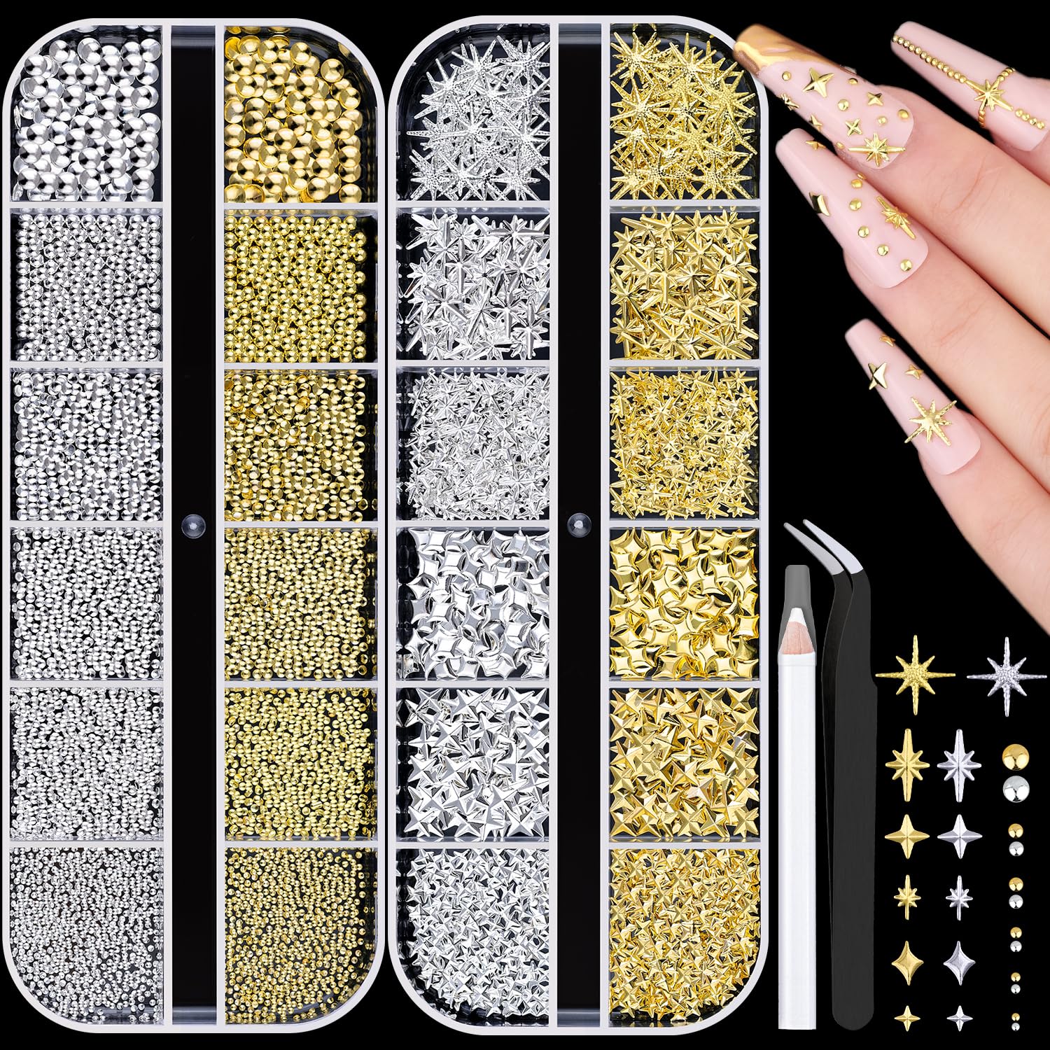 Charms de estrellas BELLEBOOST en oro y plata para uñas brillantes.