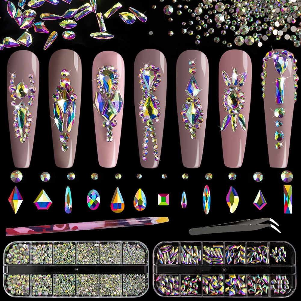 BELLEBOOST kit de cristales AB para uñas con brillo intenso y variedad de tamaños.