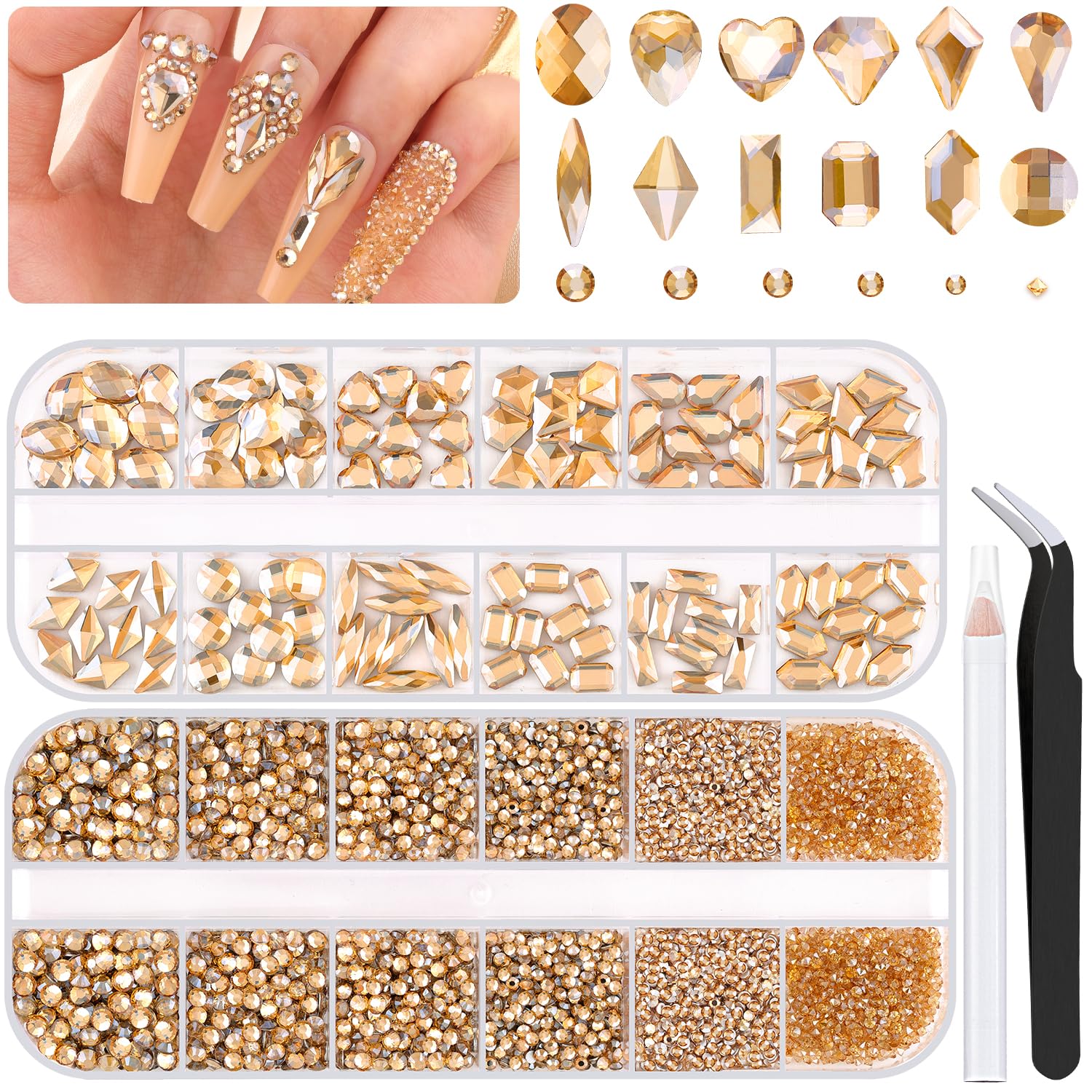 BELLEBOOST conjunto de piedras cristal Champagne oro para uñas acrílicas con brillo duradero