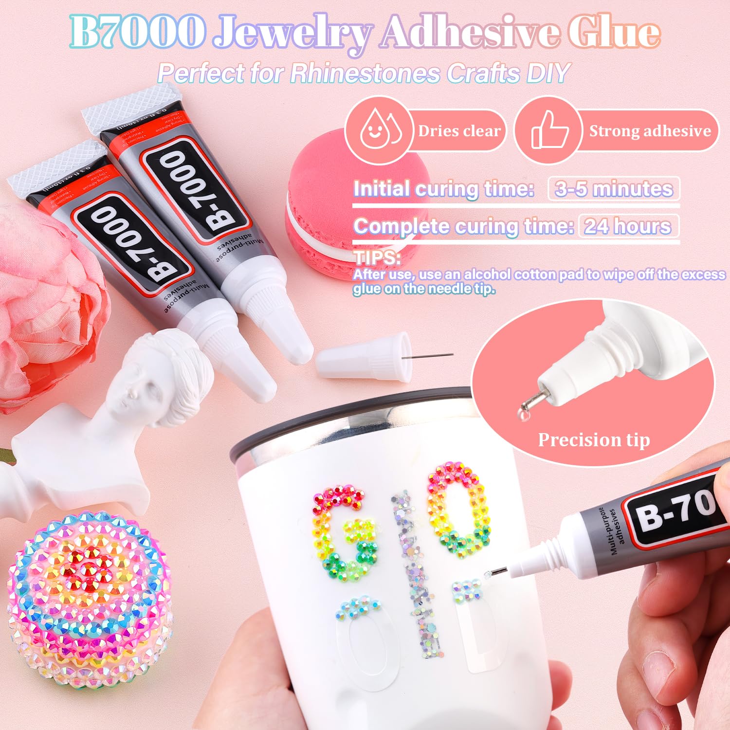 Pegamento B7000 Belleboost para joyería, adhesión fuerte y seca transparente.
