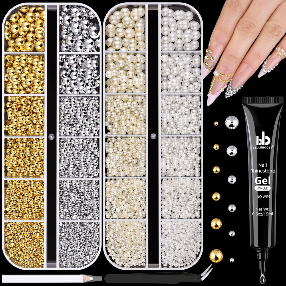 Perlas planas blancas BELLEBOOST para uñas con brillo elegante
