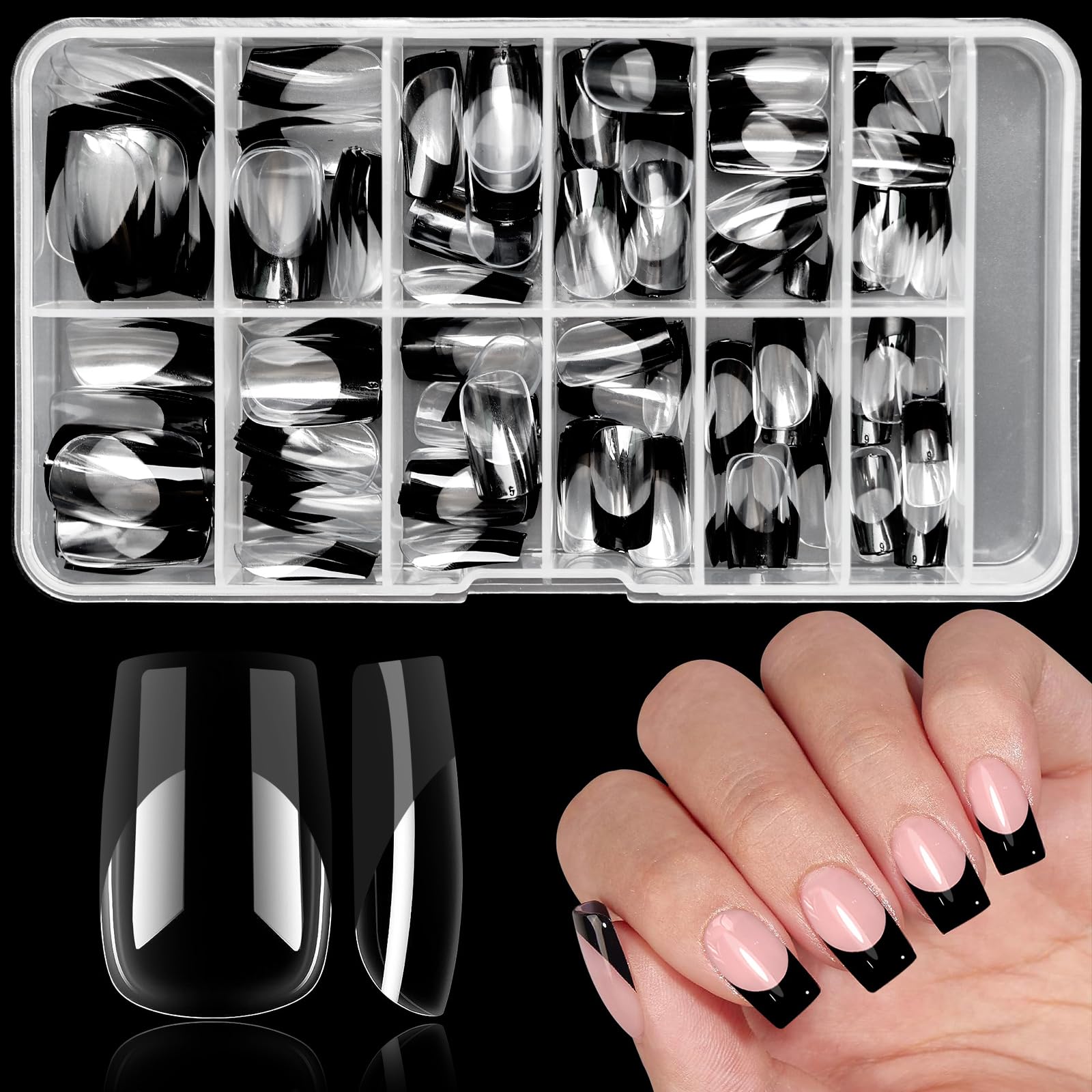 Bellelfin uñas frances negro punta: estilo clásico y duradero para uso diario.
