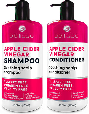 Bellisso Apple Cider Vinegar Shampoo bottle for balancing oil and flaky scalp.