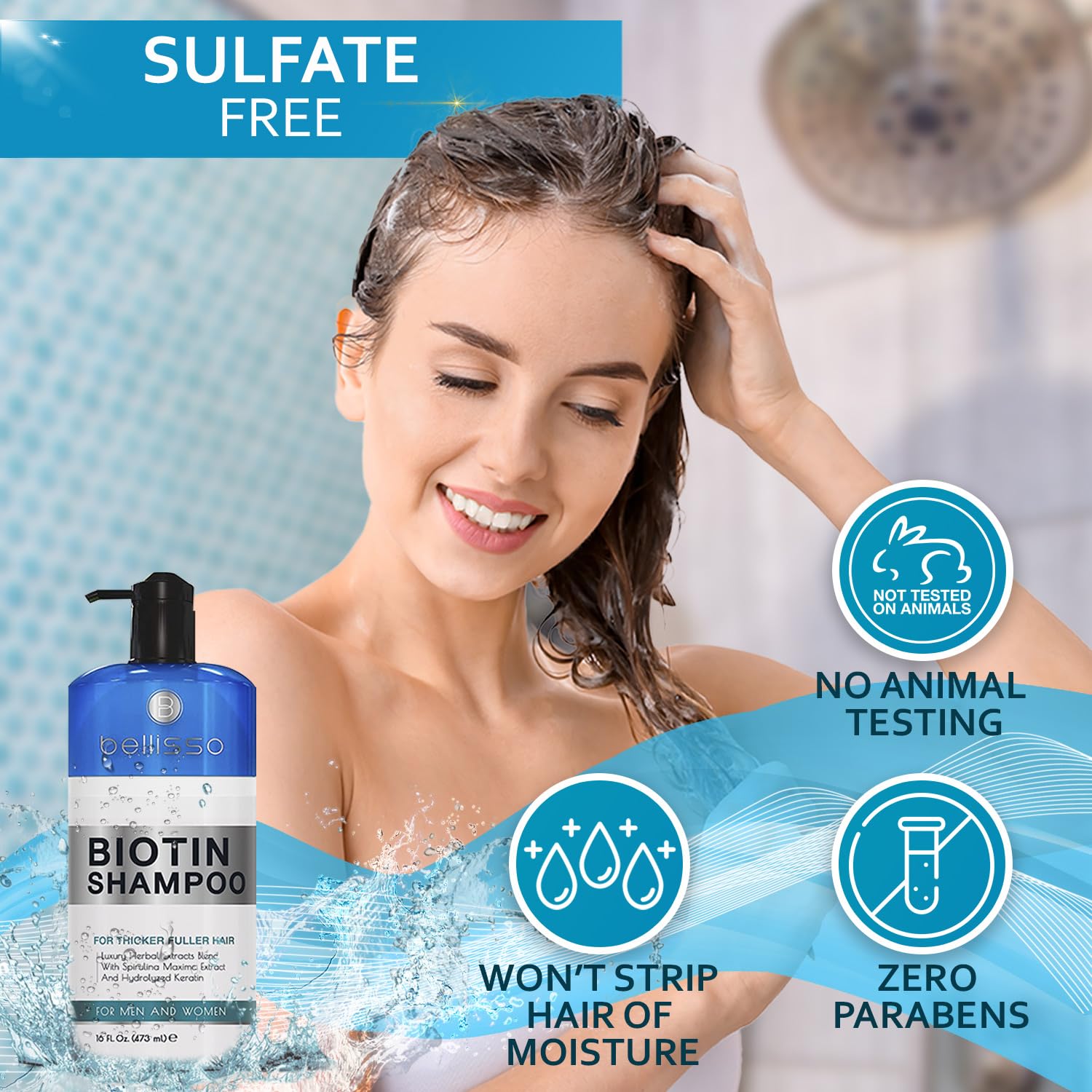 Bellisso Biotin Shampoo bottle emphasizes color-safe care for dyed hair.