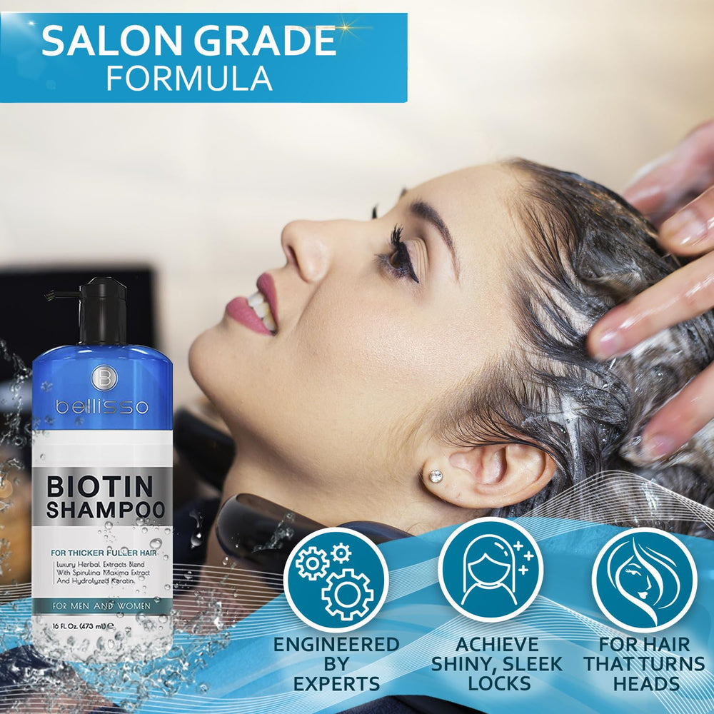 Bellisso Biotin Shampoo on shelf signals premium salon-grade quality.
