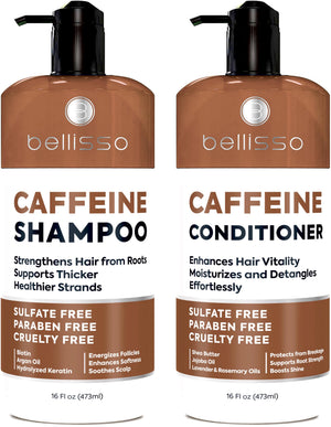 Bellisso champú cafeína en botella, volumen visible para cabello fino.