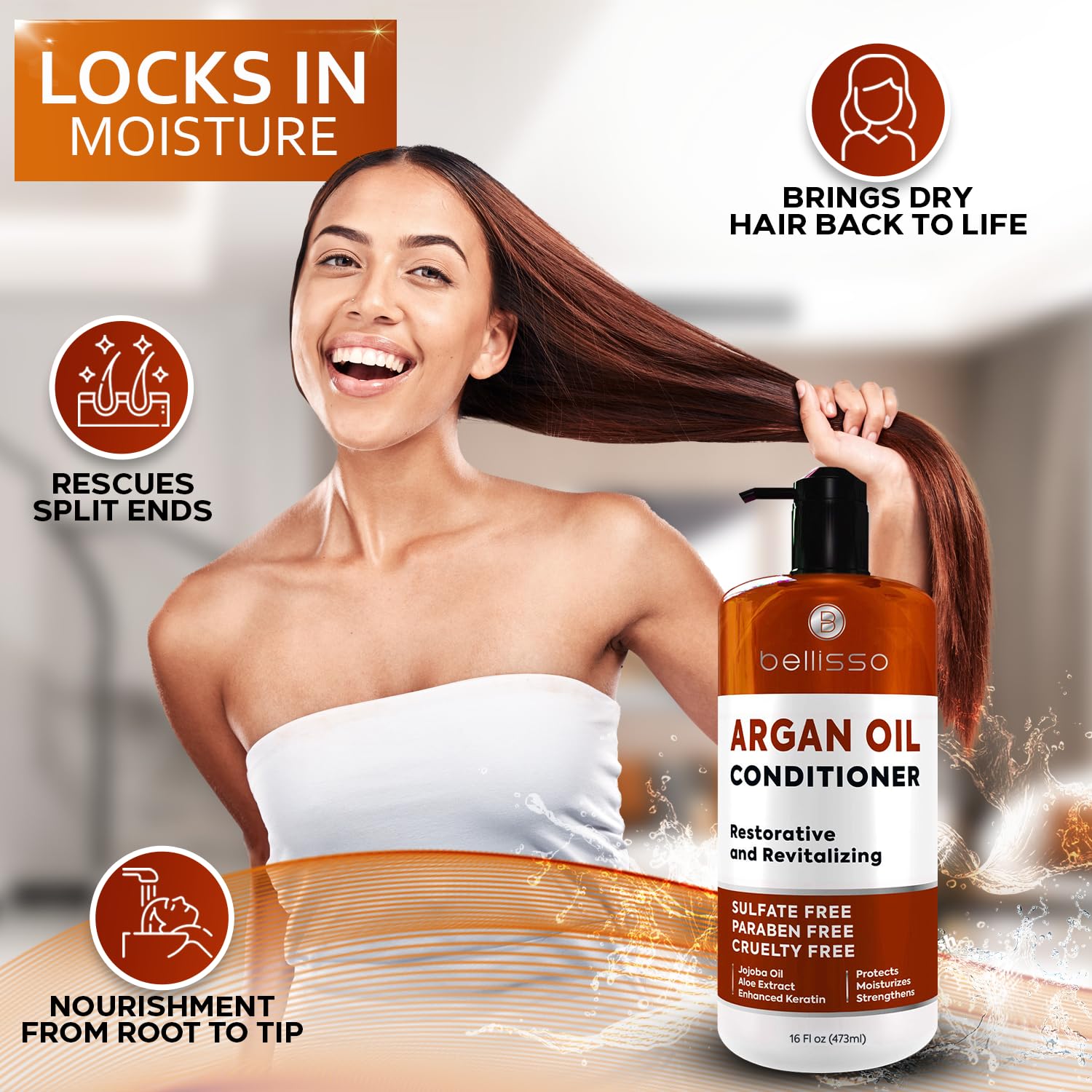 Bellisso Argan Condicionador frizz bajo control para cabello suave y manejable.