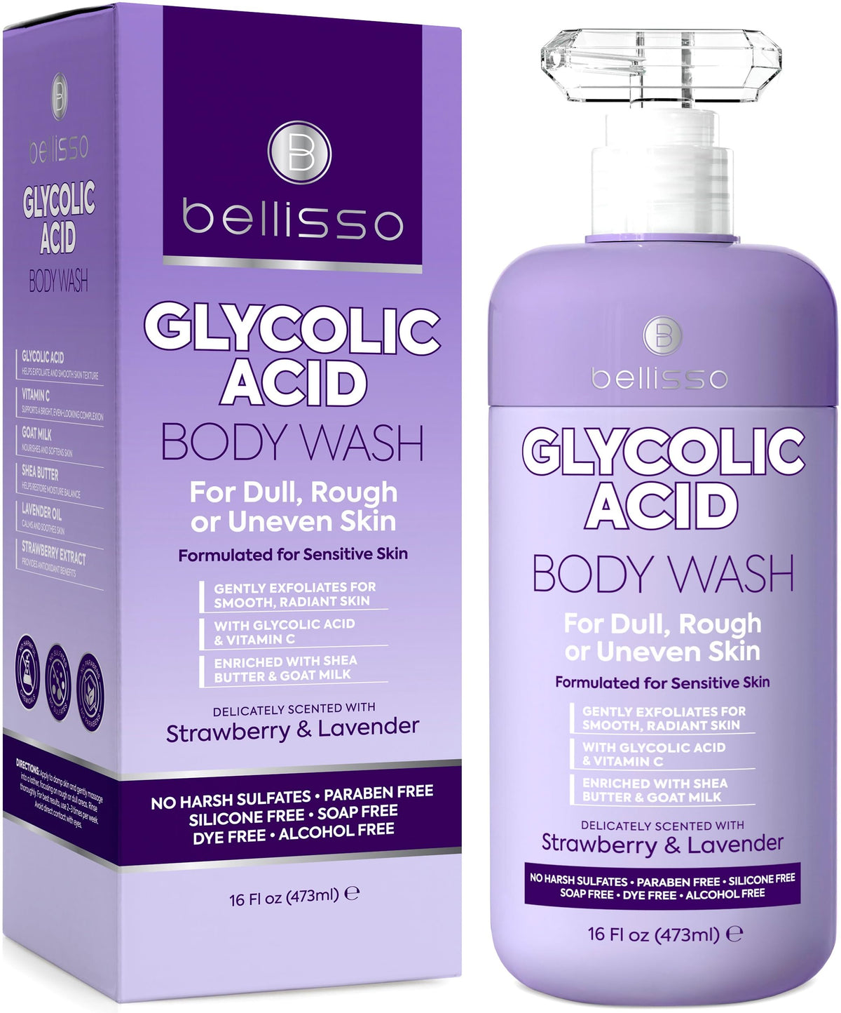 Bellisso jabon corporal exfoliante glicólico, botella visible para piel suave.