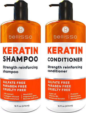 Bellisso Keratin Shampoo bottle close-up highlighting nourishing care for damaged hair