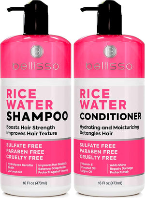 Bellisso Rice Water Shampoo bottle highlighting nourishing formula for thinning hair and fuller appearance.