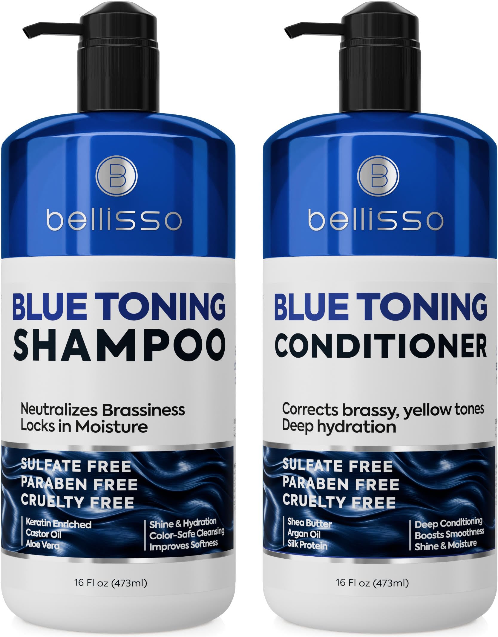 Bellisso set champú y acondicionador azul para cabello castaño, mantiene tono frío entre lavados
