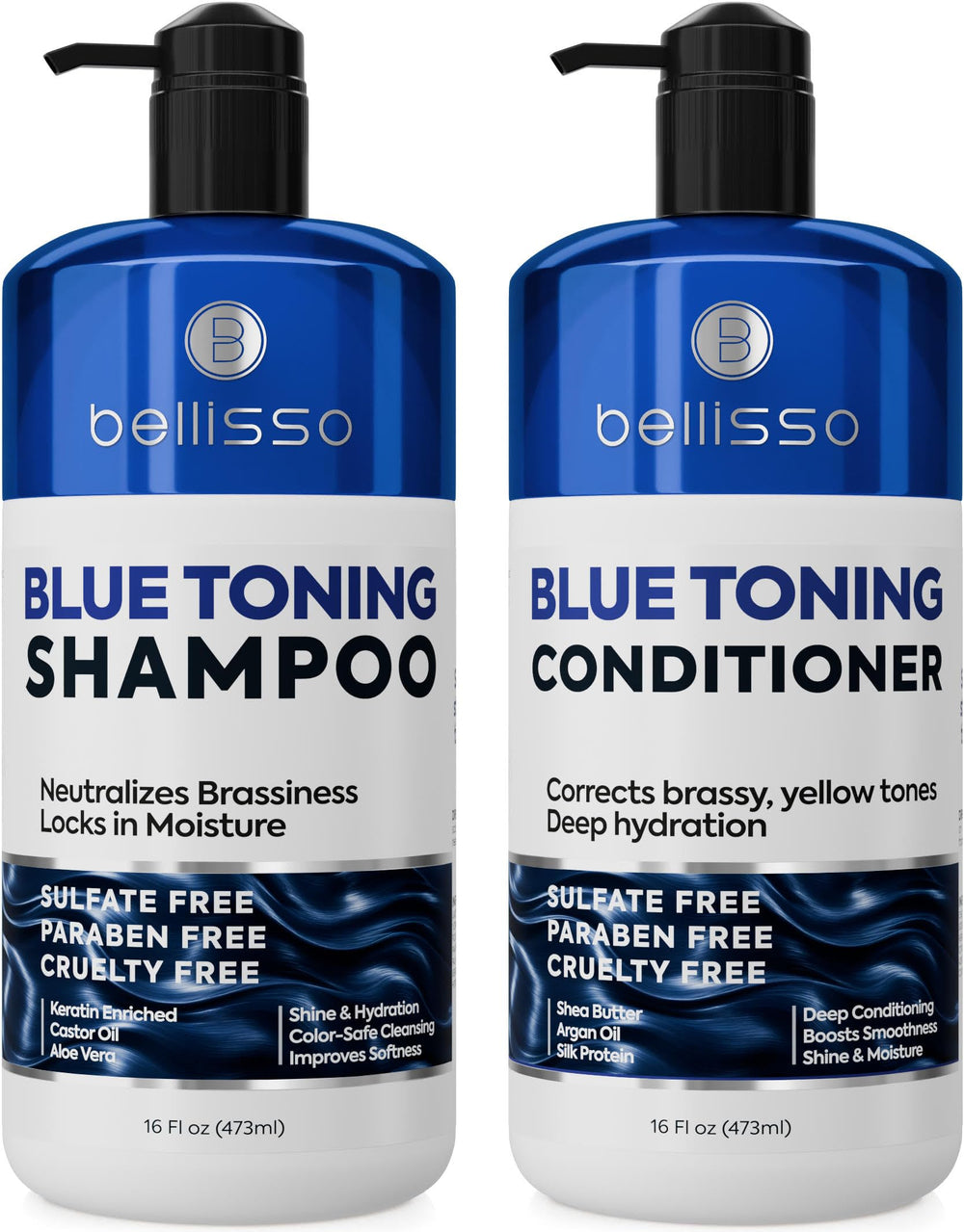 Bellisso set champú y acondicionador azul para cabello castaño, mantiene tono frío entre lavados