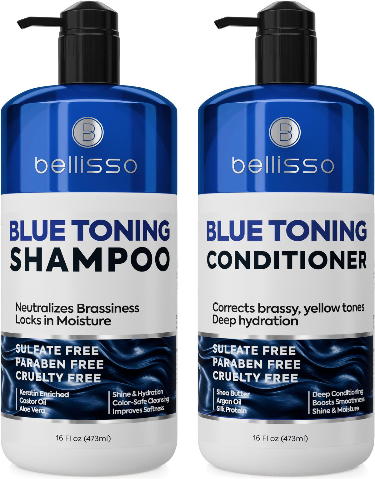 Bellisso set champú y acondicionador azul para cabello castaño, mantiene tono frío entre lavados