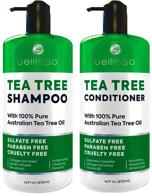 Bellisso Tea Tree Shampoo bottle pouring, soothing scalp with natural tea tree oil