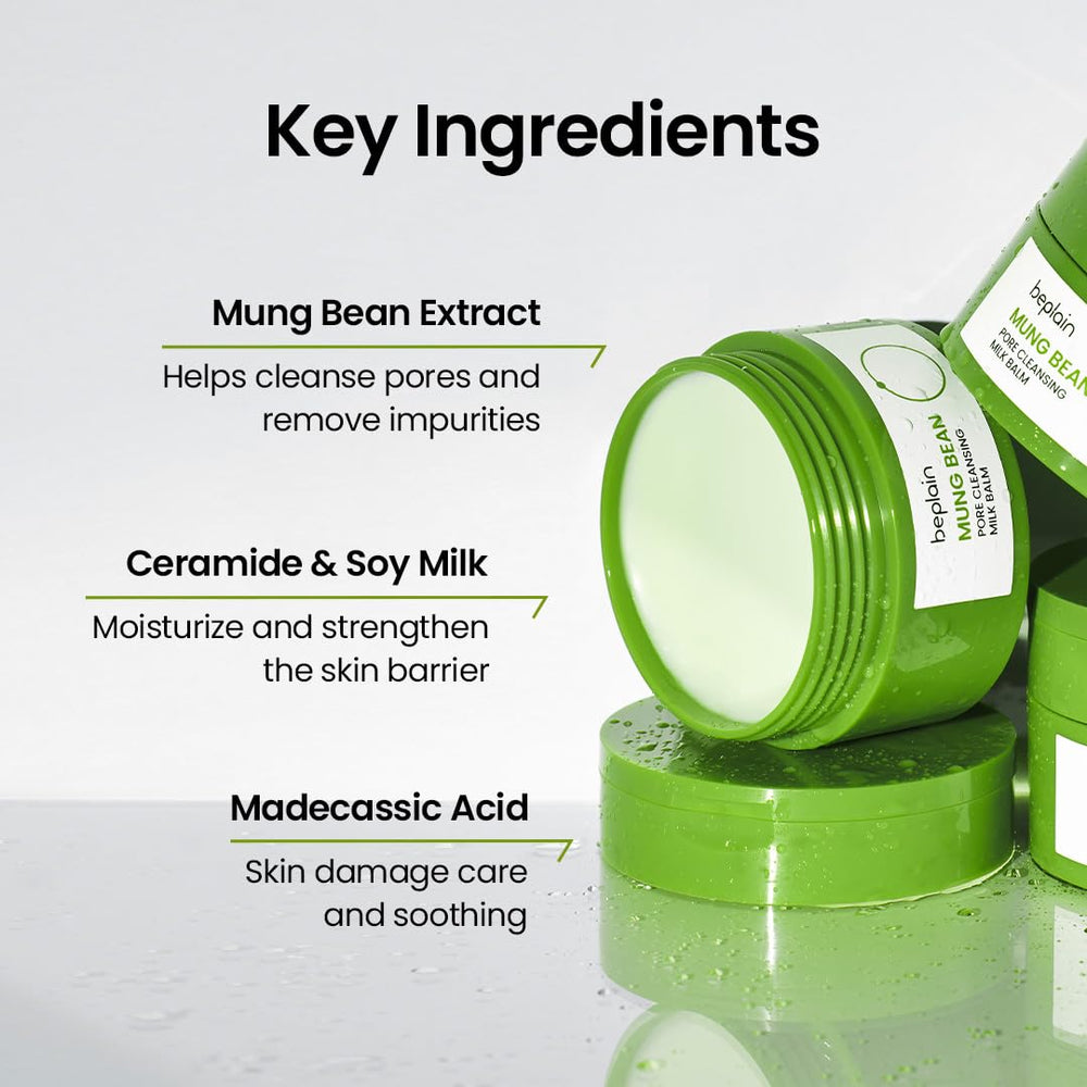Beplain Mung Bean Pore Cleansing Milk Balm, fórmula sin fragancia para piel sensible